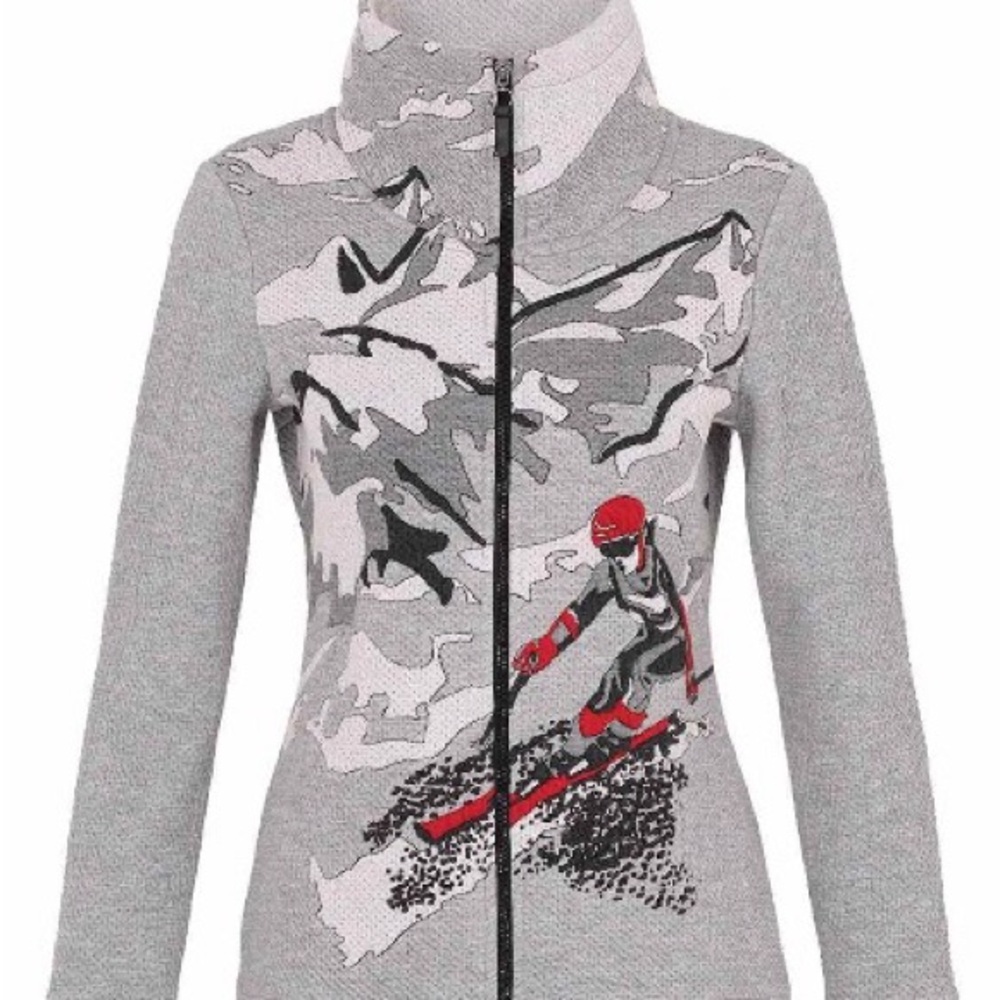 Gray and Red Artistic Ski Jacket with High Collar - Picture 2 of 10